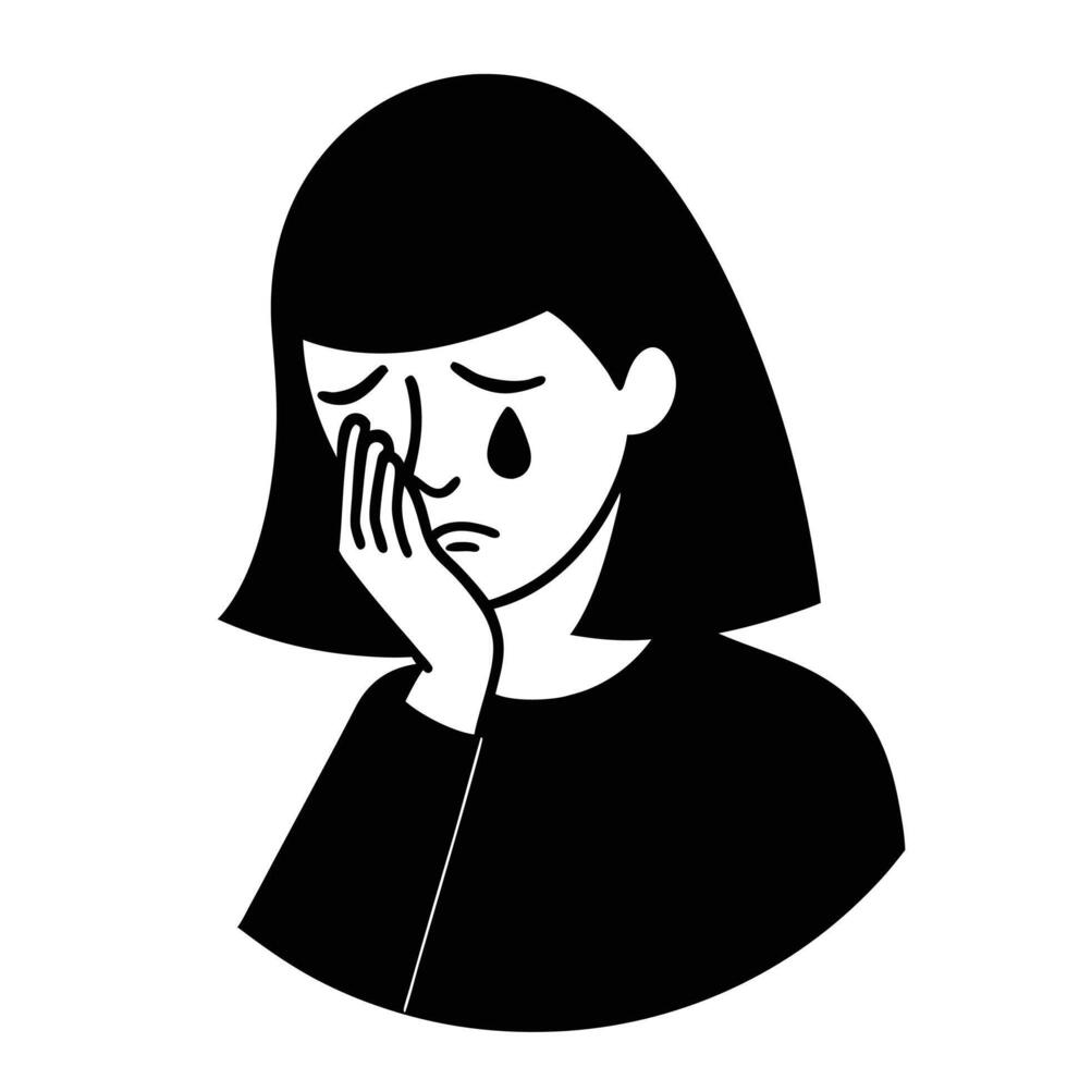 A black and white illustration of a woman with her face in her hands vector