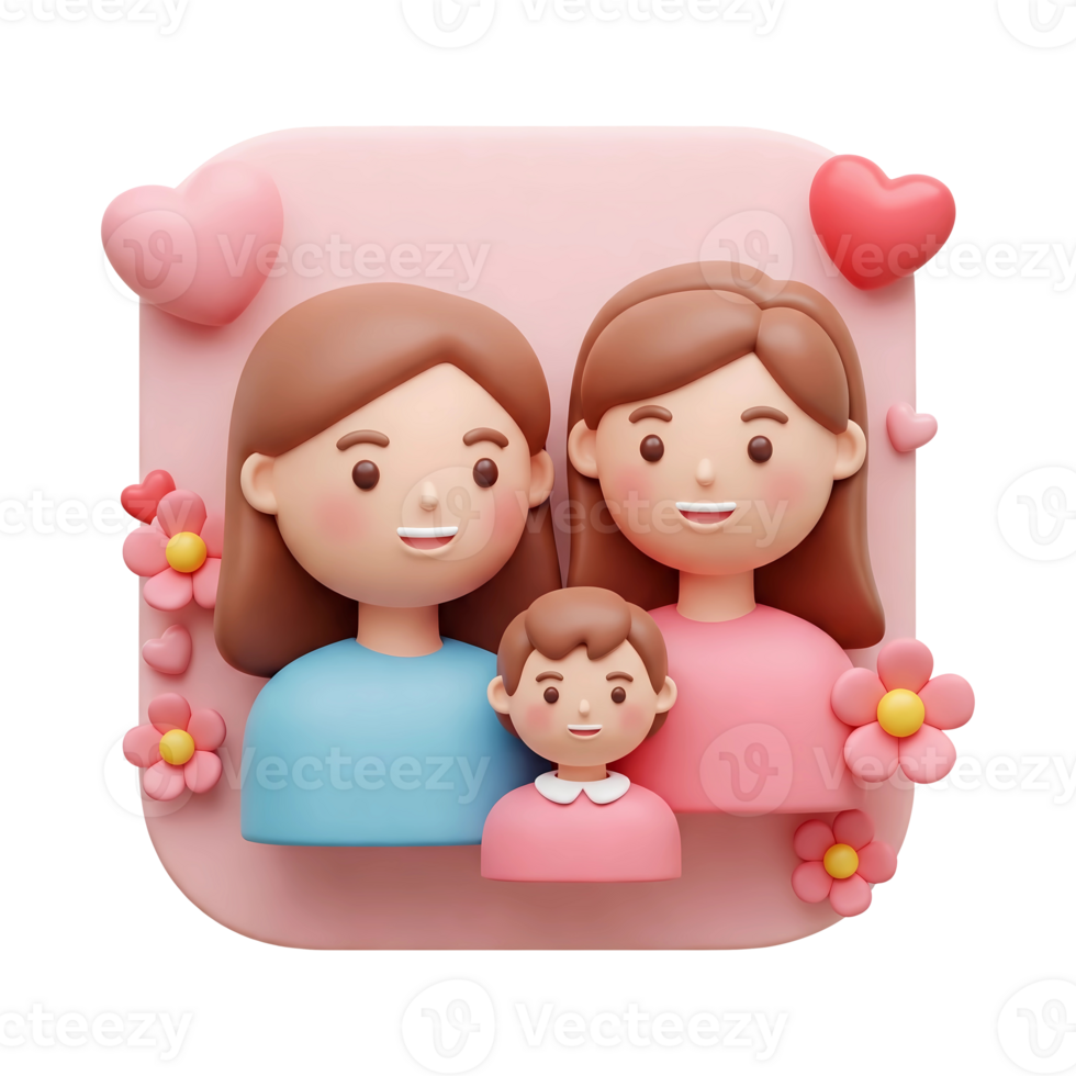 3d rendering happy family cartoon characters with pink hearts and flowers png