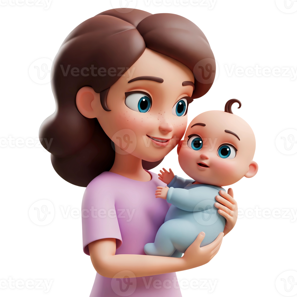 3d beautiful mother cartoon character with brown hair holding her baby png
