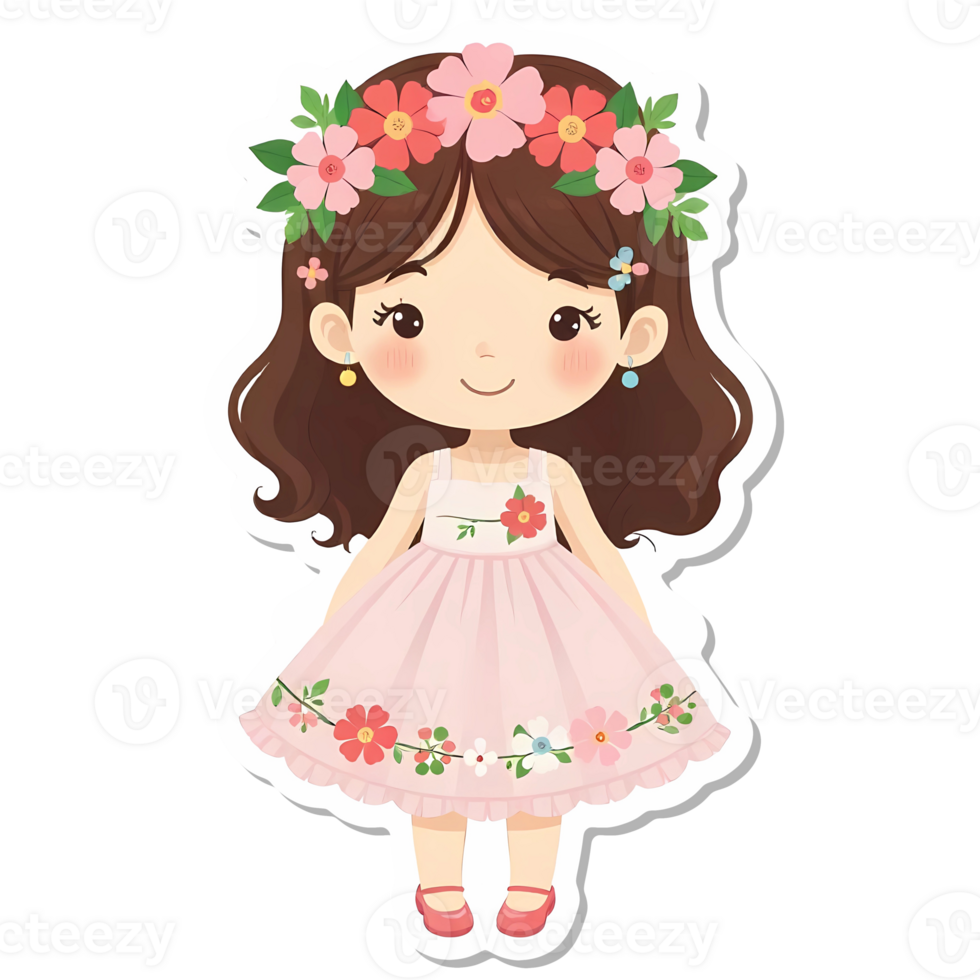 Illustration spring sticker cute cartoon girl wearing a flower crown and pink dress png