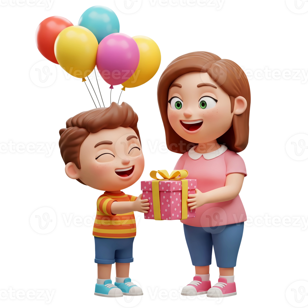 Cute boy 3d cartoon character giving a gift to his mother with colorful balloons png