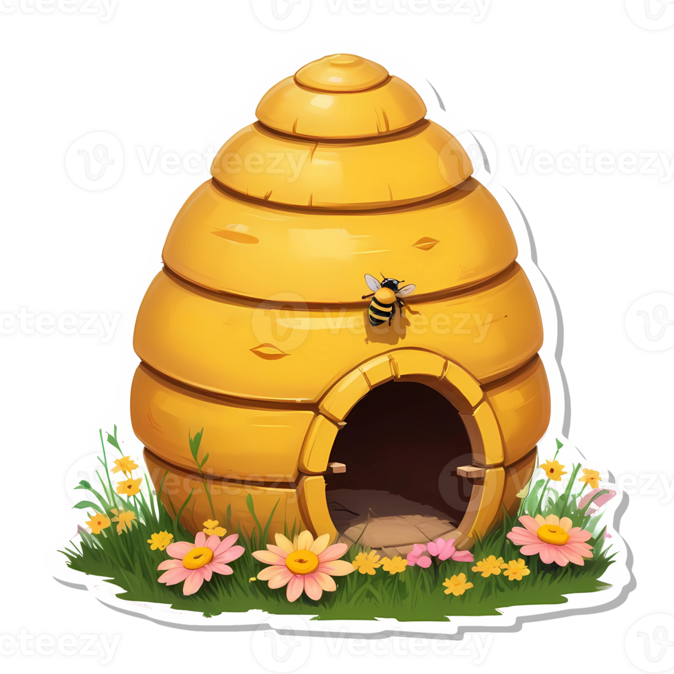 Illustration spring sticker cartoon beehive with flowers png