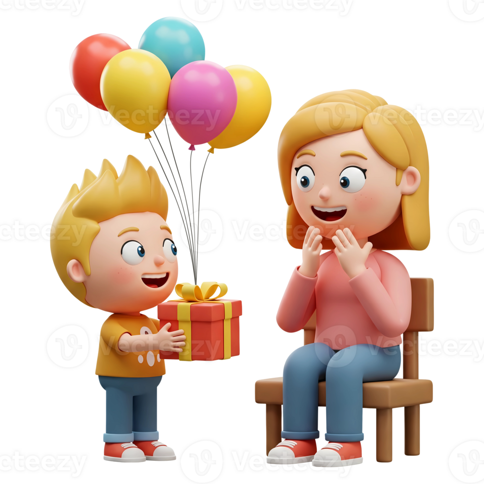 3d cute boy giving a gift to his mother with colorful balloons cartoon characters png