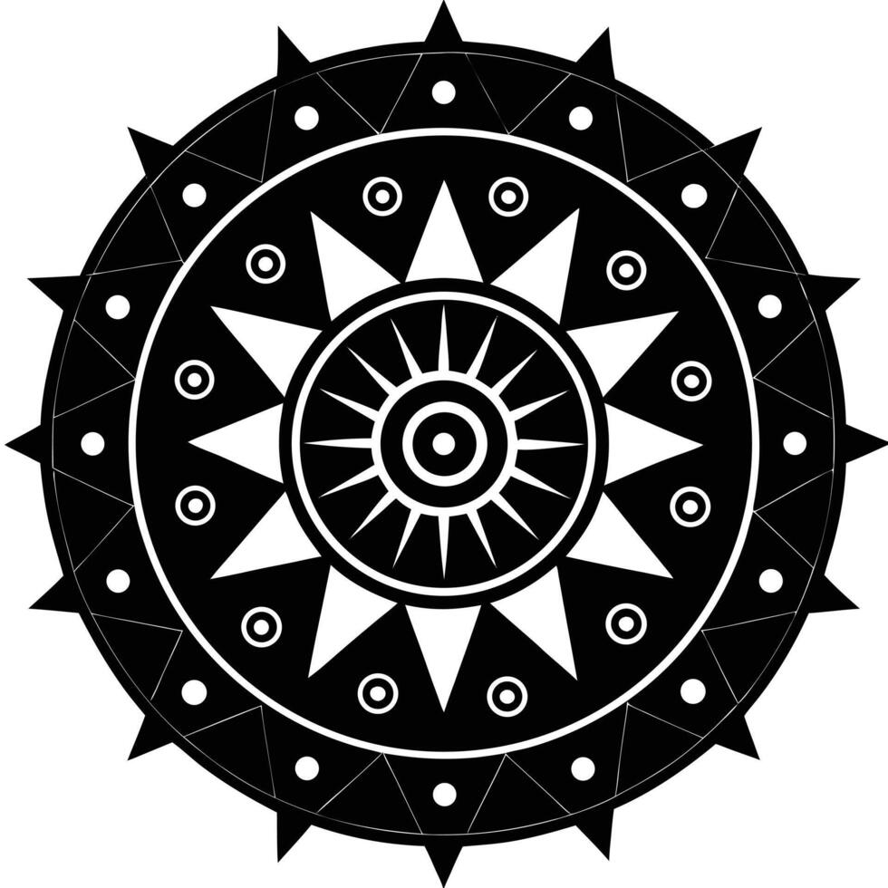A black and white circular design with a sun in the center vector
