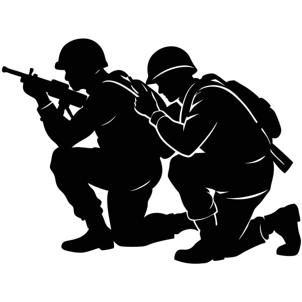 Two soldiers are kneeling and pointing their guns vector