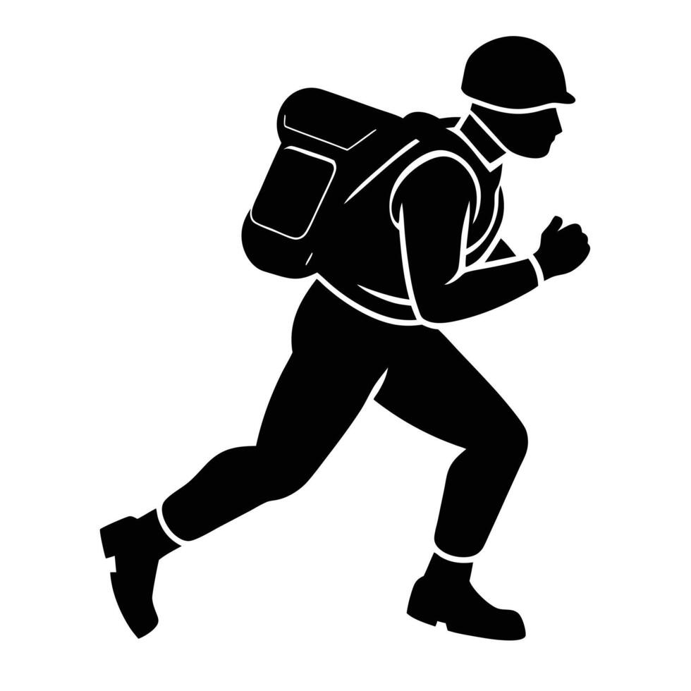 A silhouette of a man with a backpack running vector