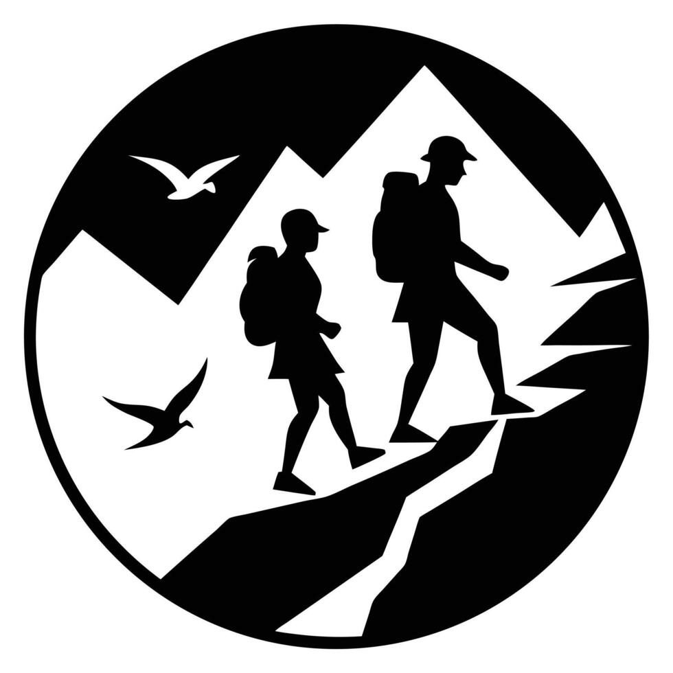 Two hikers walking in the mountains vector