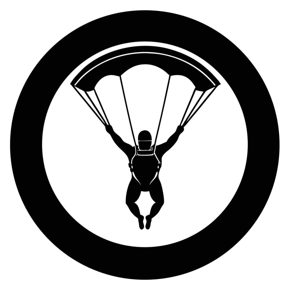Parachute man in black circle icon vector