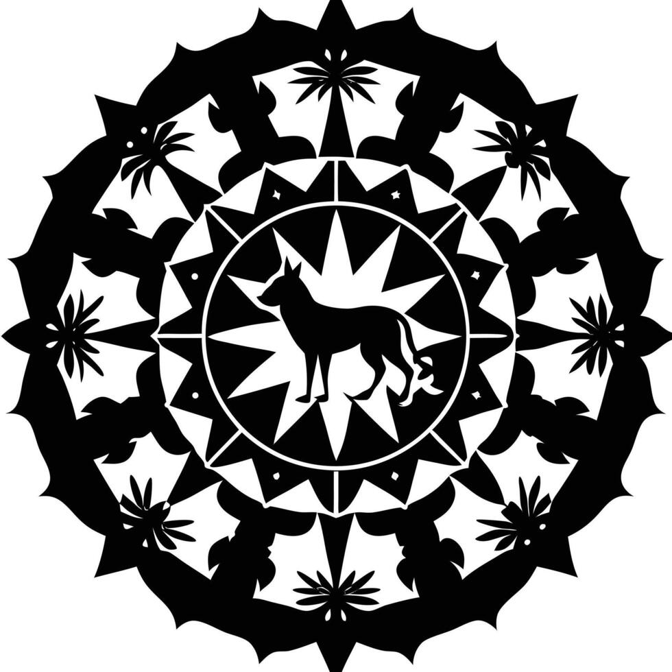 A black and white drawing of a dog in a circular design vector