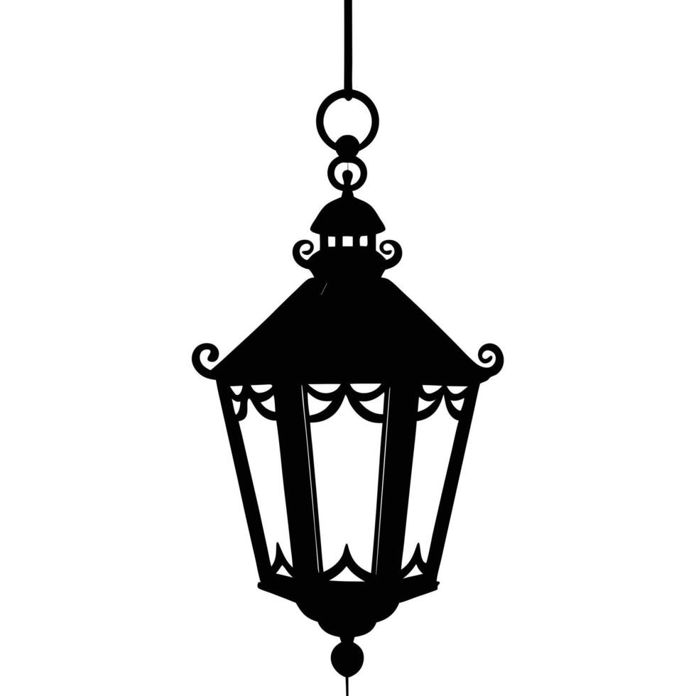 A black and white silhouette of a lantern hanging from a chain vector