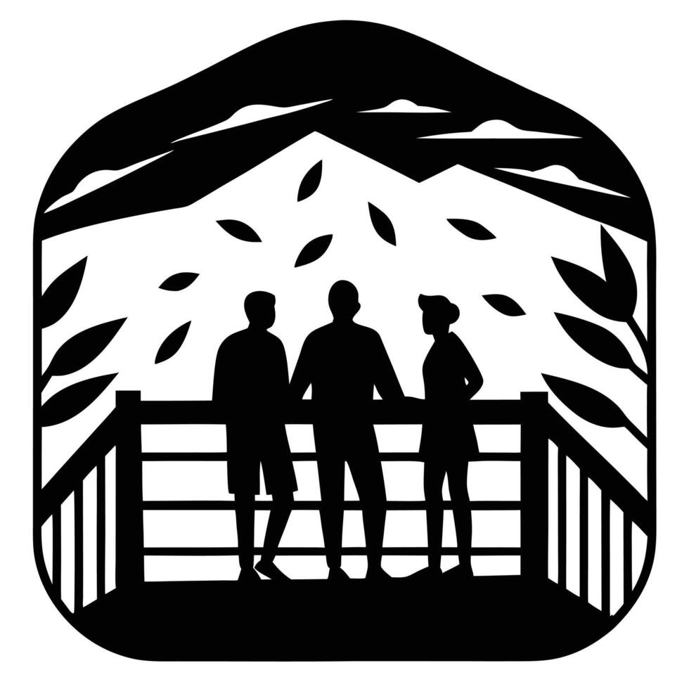 A silhouette of three people standing on a bridge vector