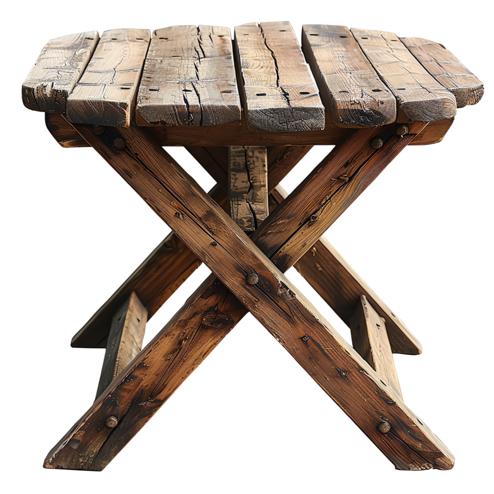 Rustic wooden table with crossbraced legs, showcasing weathered finish and sturdy construction, perfect for outdoor settings or as decorative piece in any home png