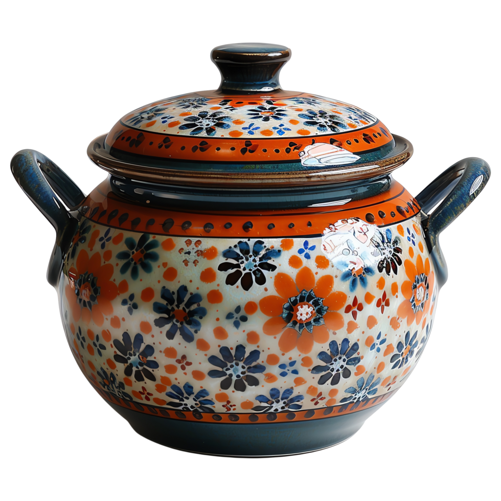Handpainted ceramic pot with vibrant floral design, showcasing intricate patterns and bright colors, perfect for adding touch of elegance to any kitchen or dining space png