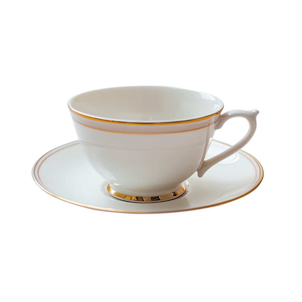 Elegant white porcelain teacup with saucer featuring delicate gold trim, perfect for afternoon tea or special occasions, adding touch of sophistication to any table setting png