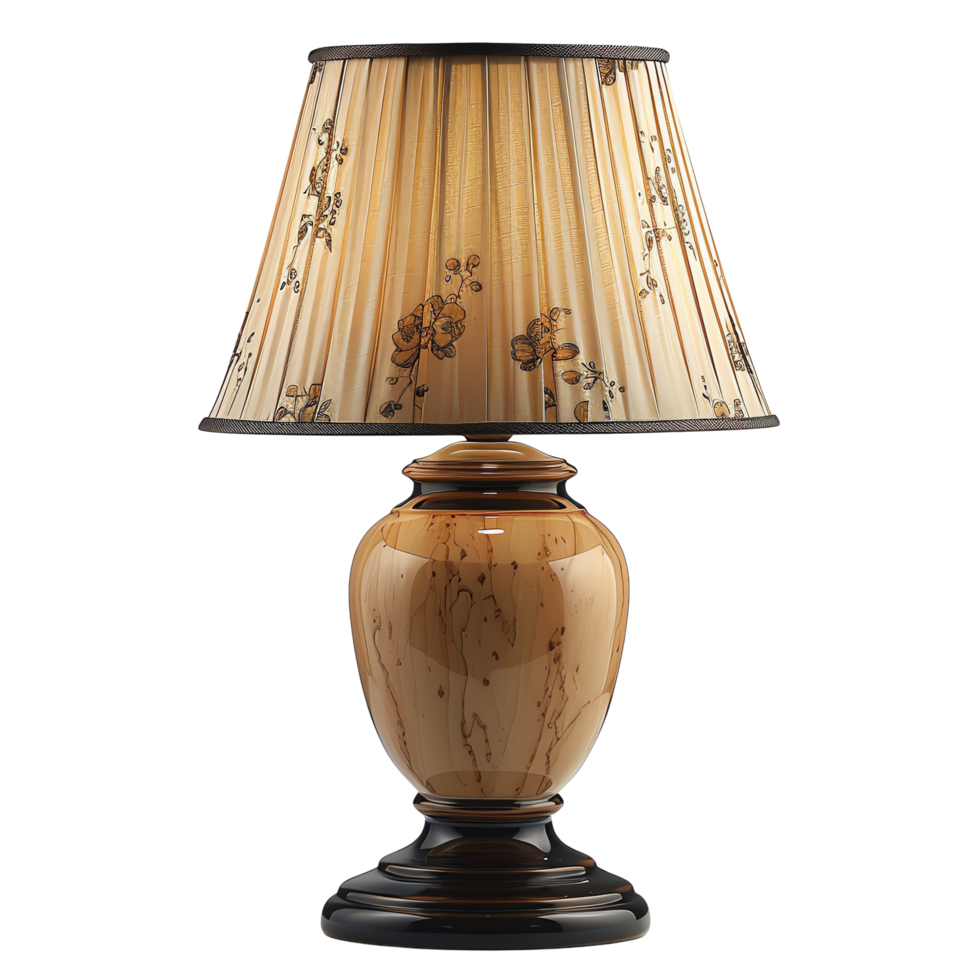 Elegant table lamp featuring floral patterned shade and classic ceramic base, perfect for adding touch of sophistication to any room. Its warm tones create cozy atmosphere png