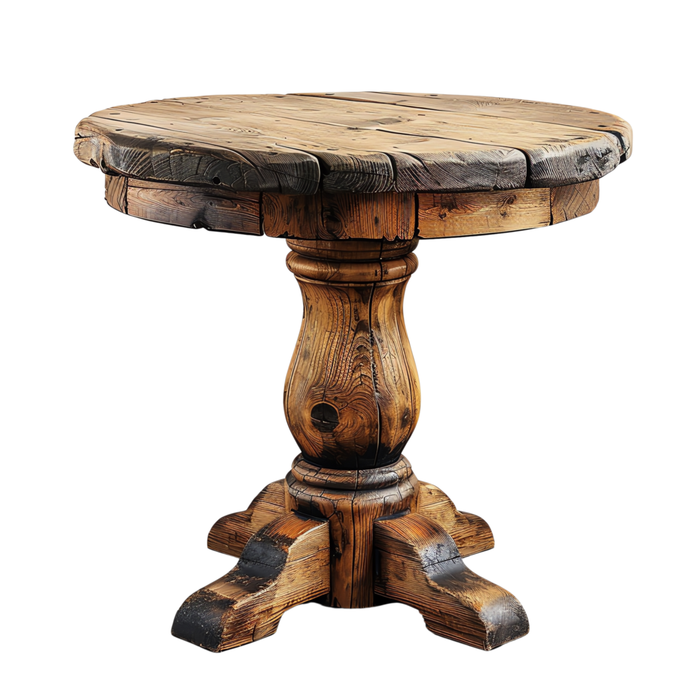 Rustic wooden round table with intricate craftsmanship, showcasing sturdy base and beautifully finished top, perfect for any cozy setting png