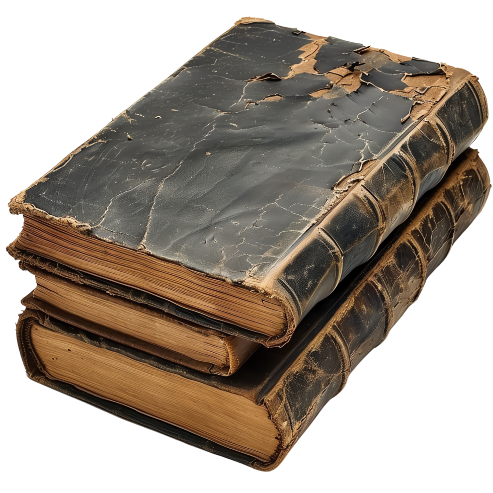 Old leather bound books with worn covers and frayed edges evoke sense of history and nostalgia. Their aged appearance suggests they hold timeless knowledge and stories waiting to be discovered png