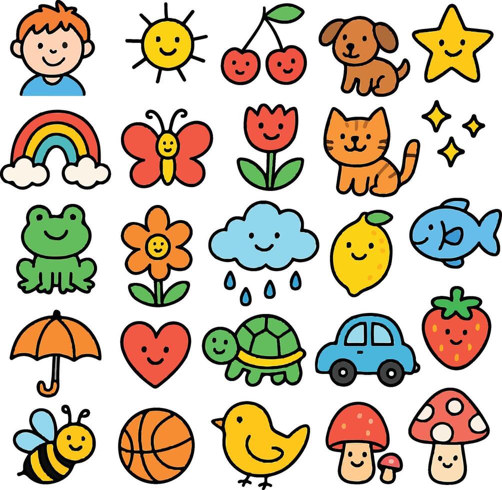 cartoon animal icons set. Cherry, sun, star, clouds, rains, bird, fish, flower, frog, umbrella, bee, mushroom, cat, butterfly, rainbow, car vector