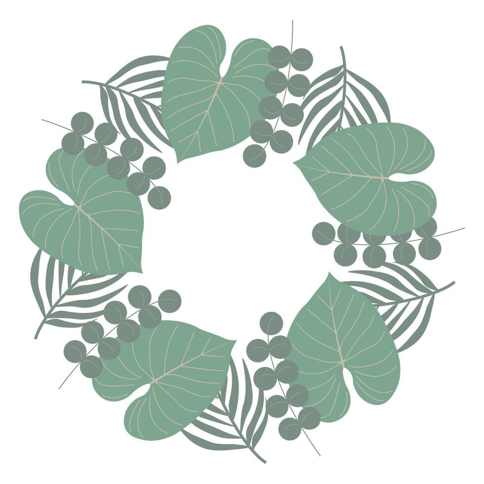 Light green round frame with decorative foliage and branches. Abstract botanical illustration ideal for banners, greeting cards, and invitations. artwork vector