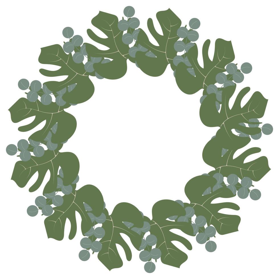 Botanical round frame with decorative leaves and branches green color. Abstract plant illustration. art for banners, card, invitations vector