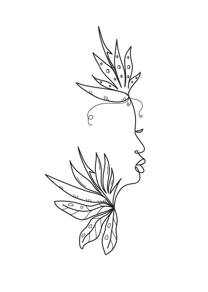 Minimalist female portreit on the white background. Sketch of an African American woman with flowers. Creative design for wall art, tattoo art. Beautiful hand drawn illustration. vector