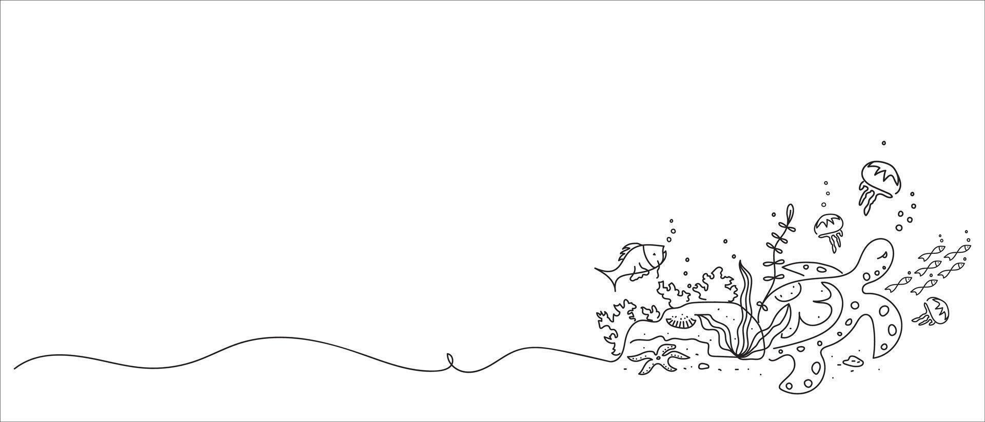 Abstract underwater world drawn with one line. Marine sketch. Cute illustration on the theme of Oceania, travel, vacation. vector