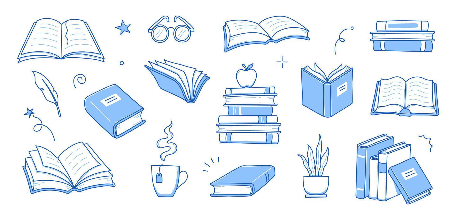 Book library stack sketch set. Hand drawn sketch doodle style line book stack. Library, reading, school doodle concept icon background. Blue pen line style stroke. vector
