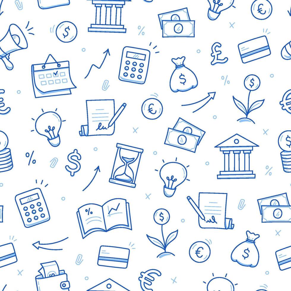 Money, business doodle seamless pattern background. Bank profit, money economy, finance doodle sketch style pattern with coin, megaphone, calculator element. vector