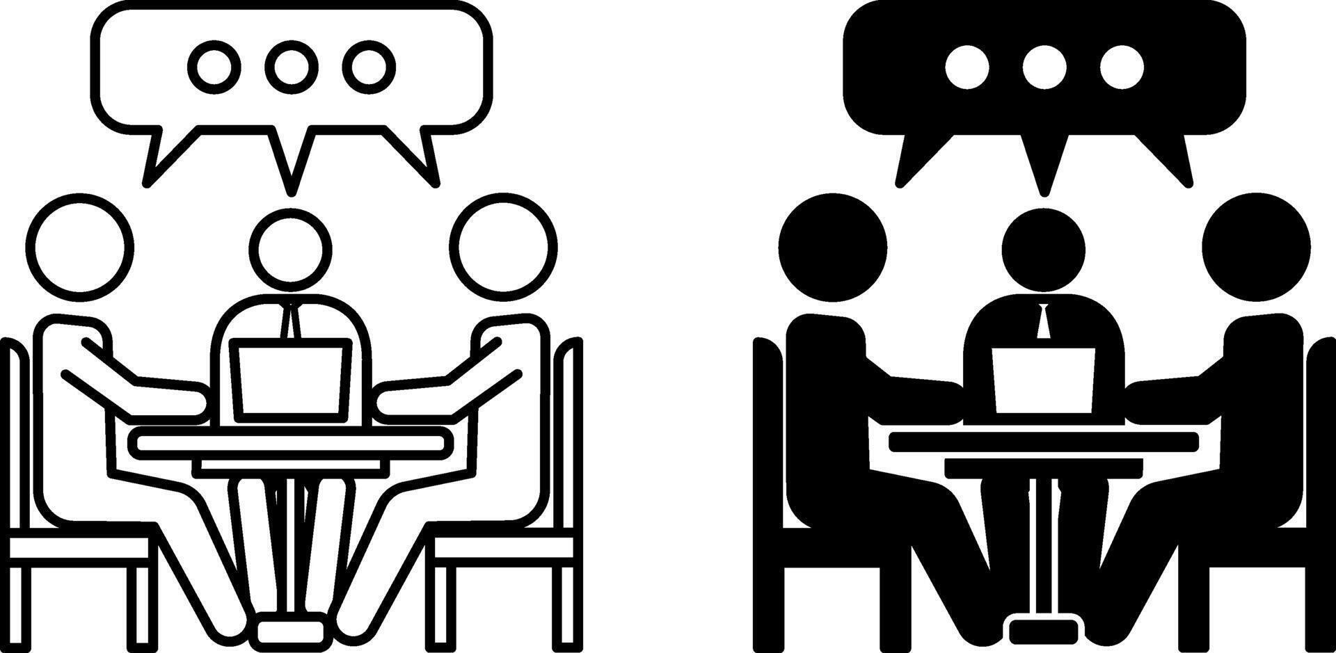 Discussion Icons. Black and White Illustration. People Sitting at a Table and Talking. Meeting, Seminar. Speaking Concept vector