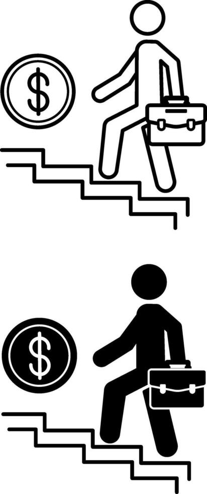 Career Icons. Black and White Illustrations. Man With Briefcase Climbing Up The Stairs Towards a Dollar Coin. Position, Job Promotion, Cash Reward. Work Concept vector