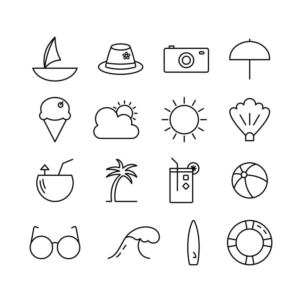 Set of Summer Icons with Editable Stroke, Boat, Hat, Camera, Palm Tree, Lemonade, Surfboard, Ocean Wave, Sun, Sunglasses, and More in Line Art Style vector