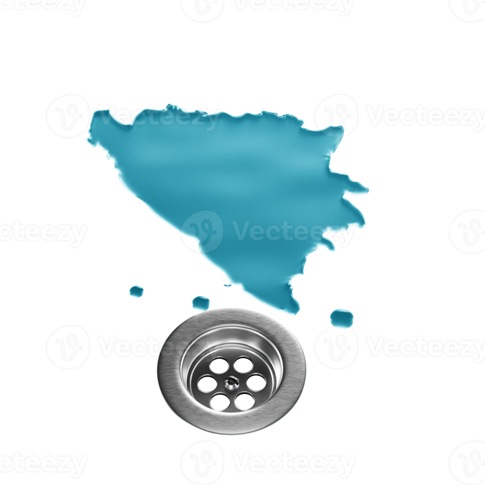 Water shaped of Bosnia Map on a stainless steel surface draining into a drain 3d illustration png