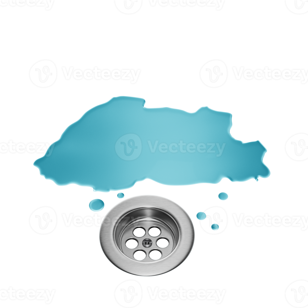 Water shaped of Bhutan on a stainless steel surface draining into a drain 3d illustration png