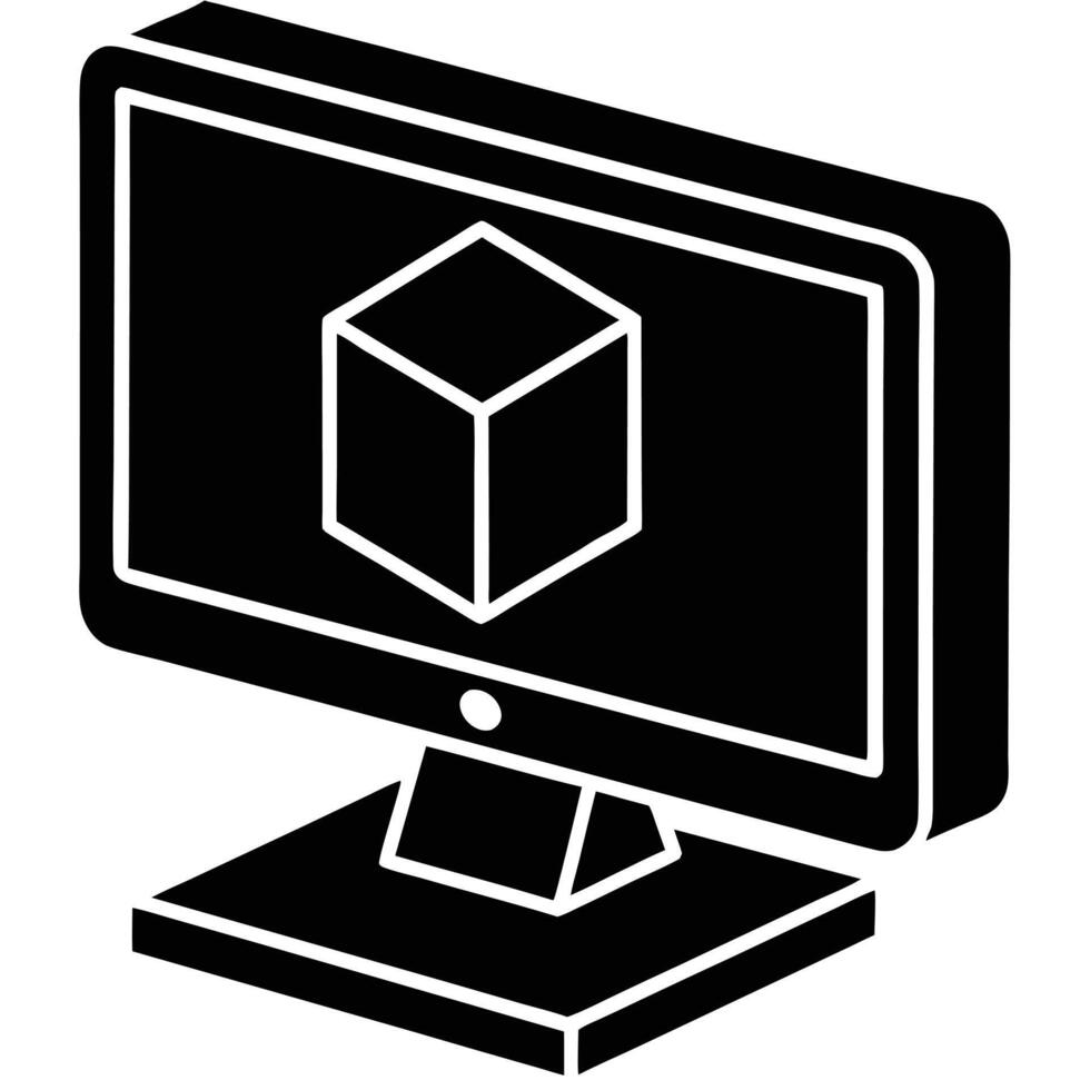 Isometric computer monitor displaying 3d cube model in a minimalist black and white design vector