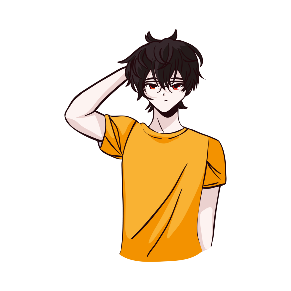 Anime boy with black hair and yellow shirt png