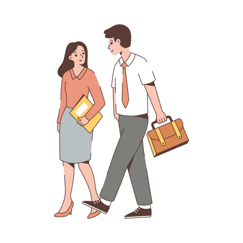 A man and woman walking together with a briefcase png