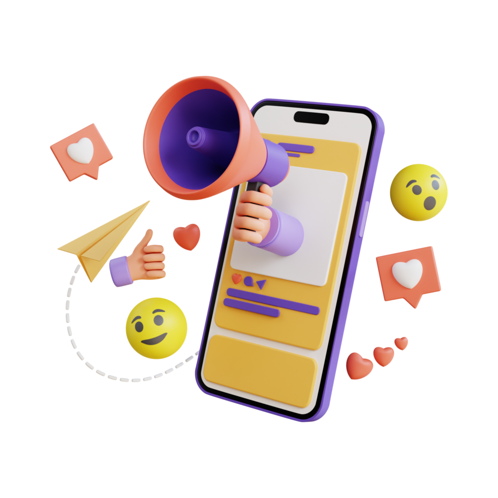 3d illustration of a person holding a megaphone and a phone with emoticons and social png
