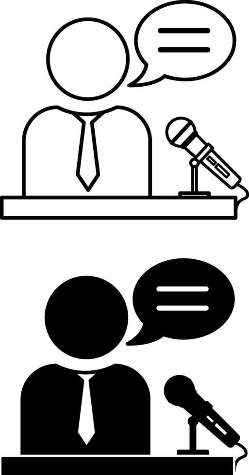 Speech Icons. Black and White Illustrations. Man in Tie Speaks into Microphone. Report, Conference, Seminar. Speaking Concept vector