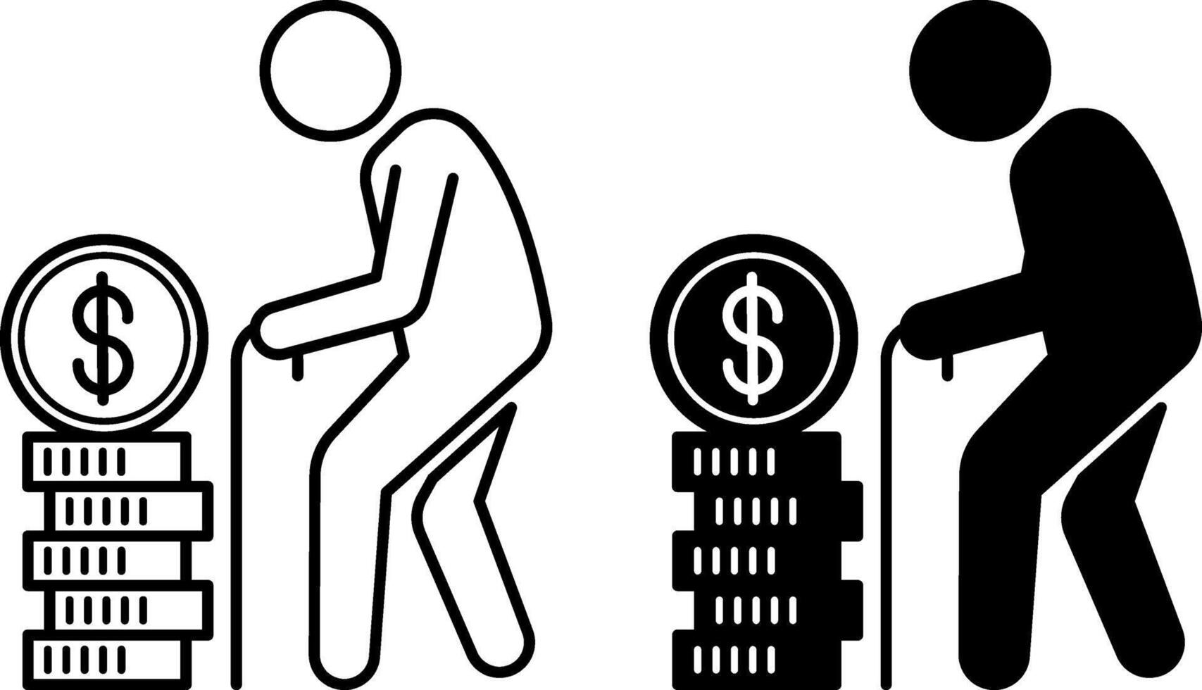 Retirement Icons. Black and White Illustrations. Pensioner and a Stack of Dollar Coins. Personal Finance Concept vector