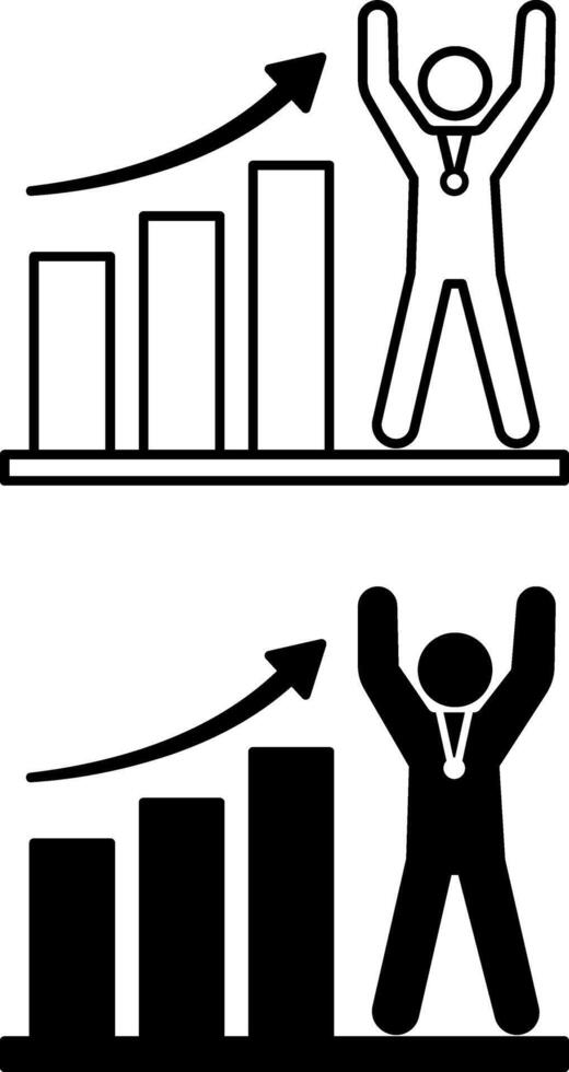 Success Icons. Black and White Illustration. Chart with Up Arrow and Man with Winner Medal. Work and Business Concept vector
