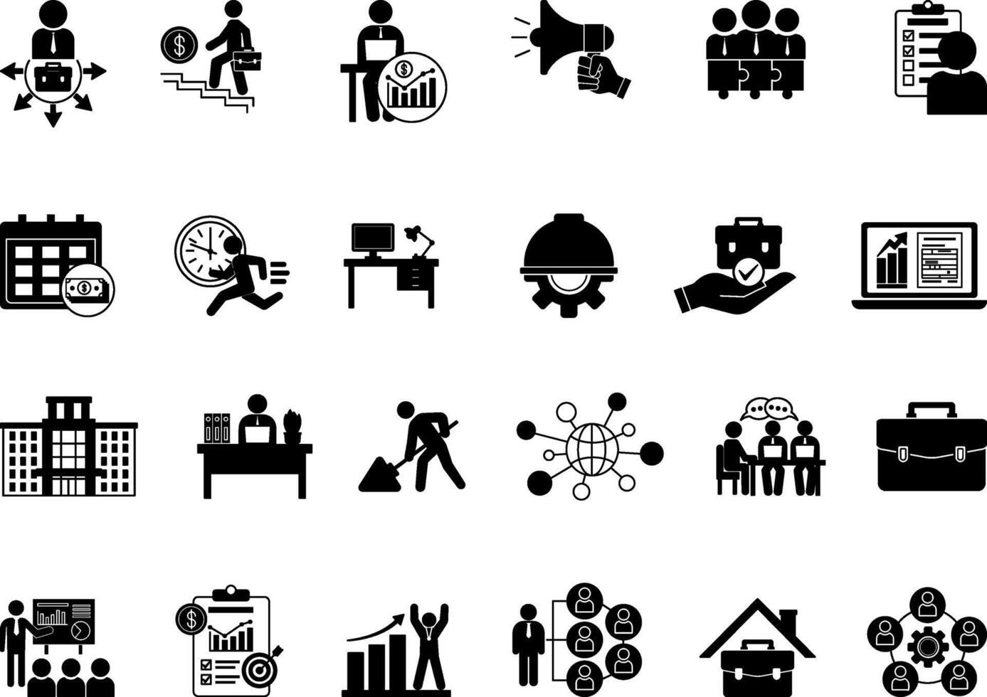 Black Icon Set Work. Illustrations Career, Employment, Office, Success, Project, Teamwork, Remote Work, Task, Salary, Credit, Promotion, and More vector
