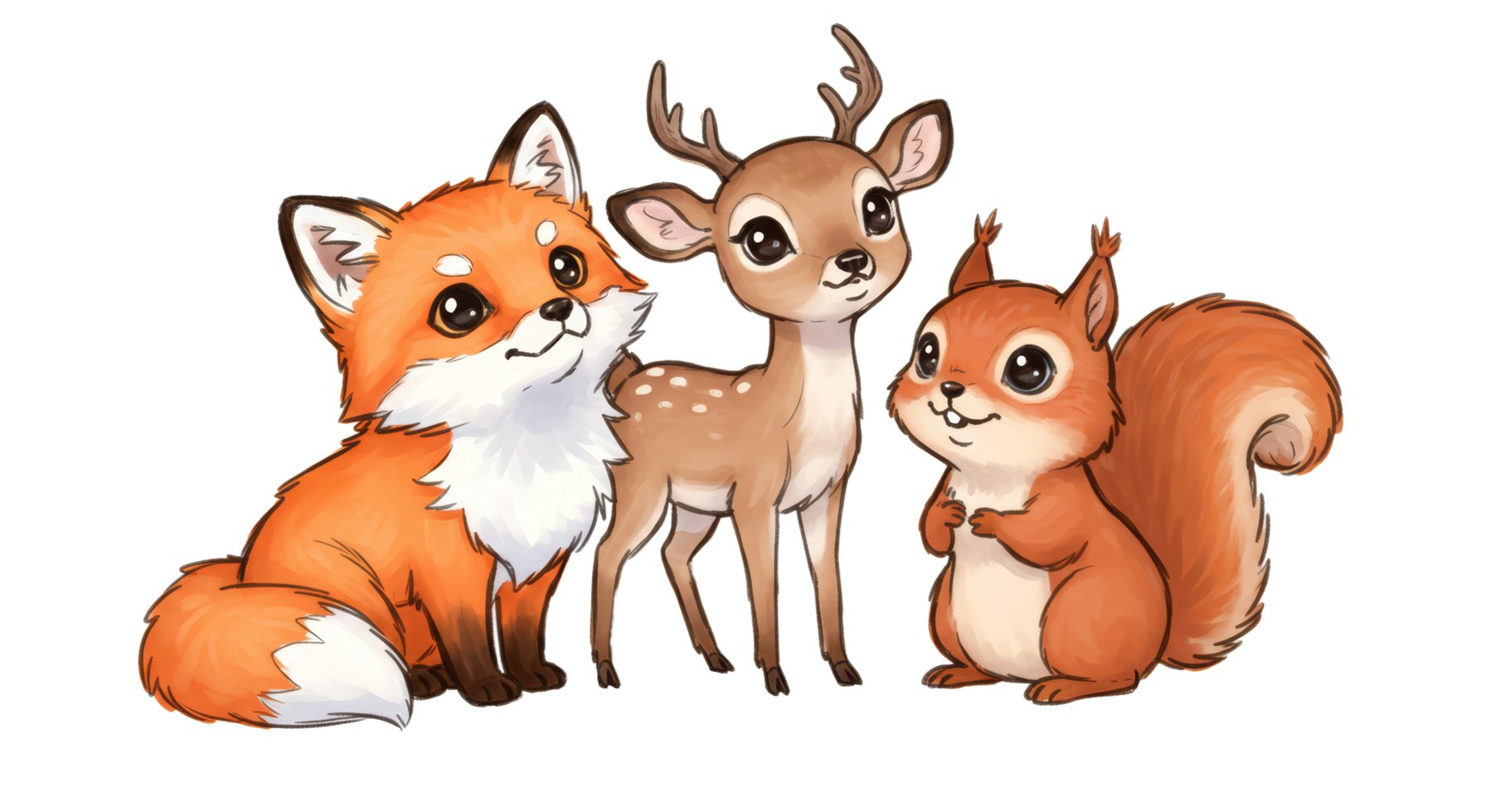 Three cartoon animals, including a deer, squirrel and fox png