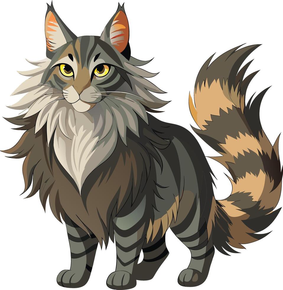 A cartoon cat with long hair and a big tail vector
