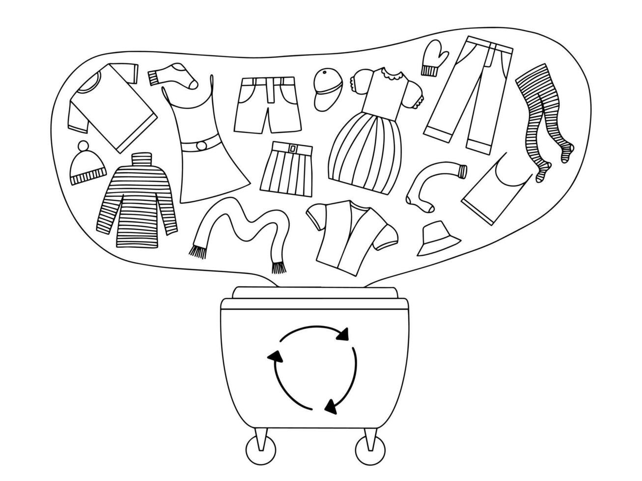 Textile recycling illustration. Hand drawn sketch of recycled clothes throwing in waste bin vector