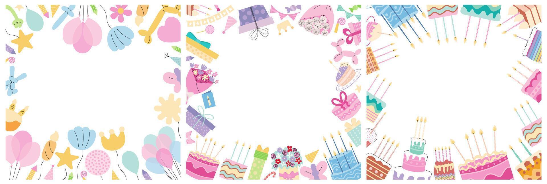 Set of Birthday frames for invitations. Birthday greeting cards templates set with cakes, gift boxes and balloons vector