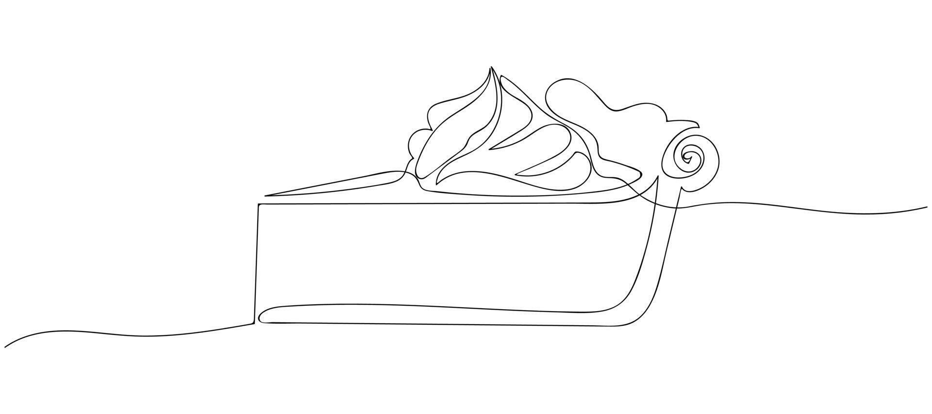 Continuous line drawing of Cheesecake tart, pie. Hand drawn cake piece. Doodle style illustration. Black outline isolated on white. vector