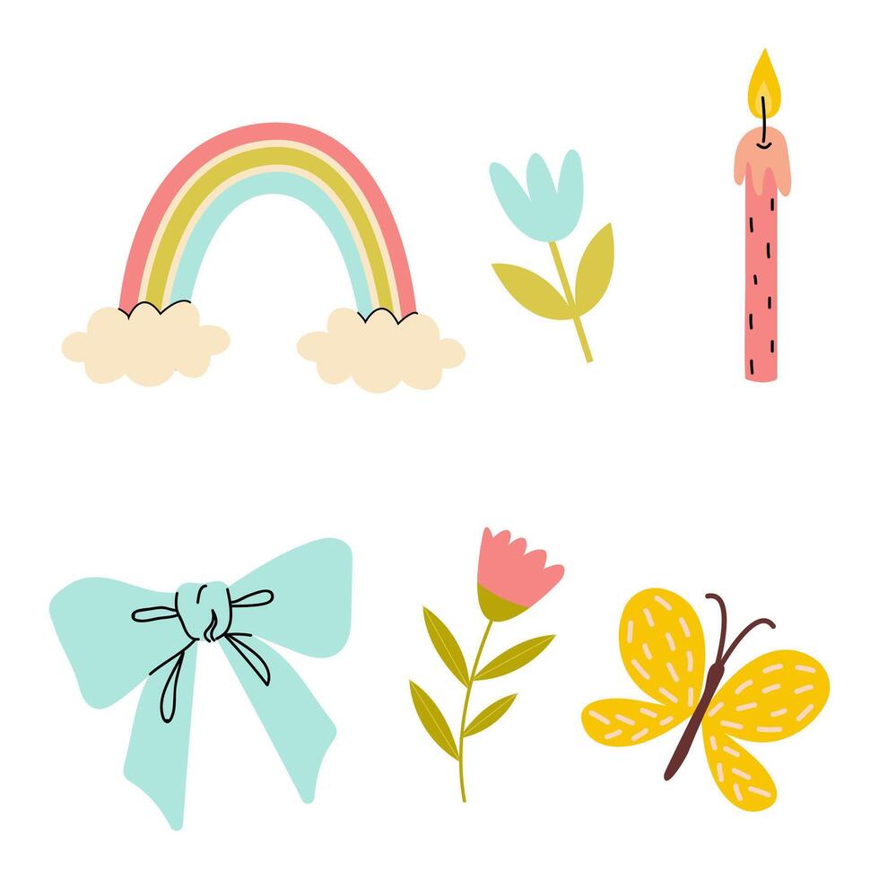 Bright and cheerful illustrations featuring a rainbow, flowers, a candle, a bow, and a butterfly vector