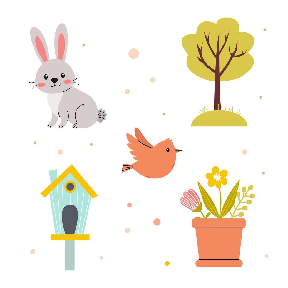 Cute spring illustration featuring a rabbit, bird, tree, and flowers in a playful style vector