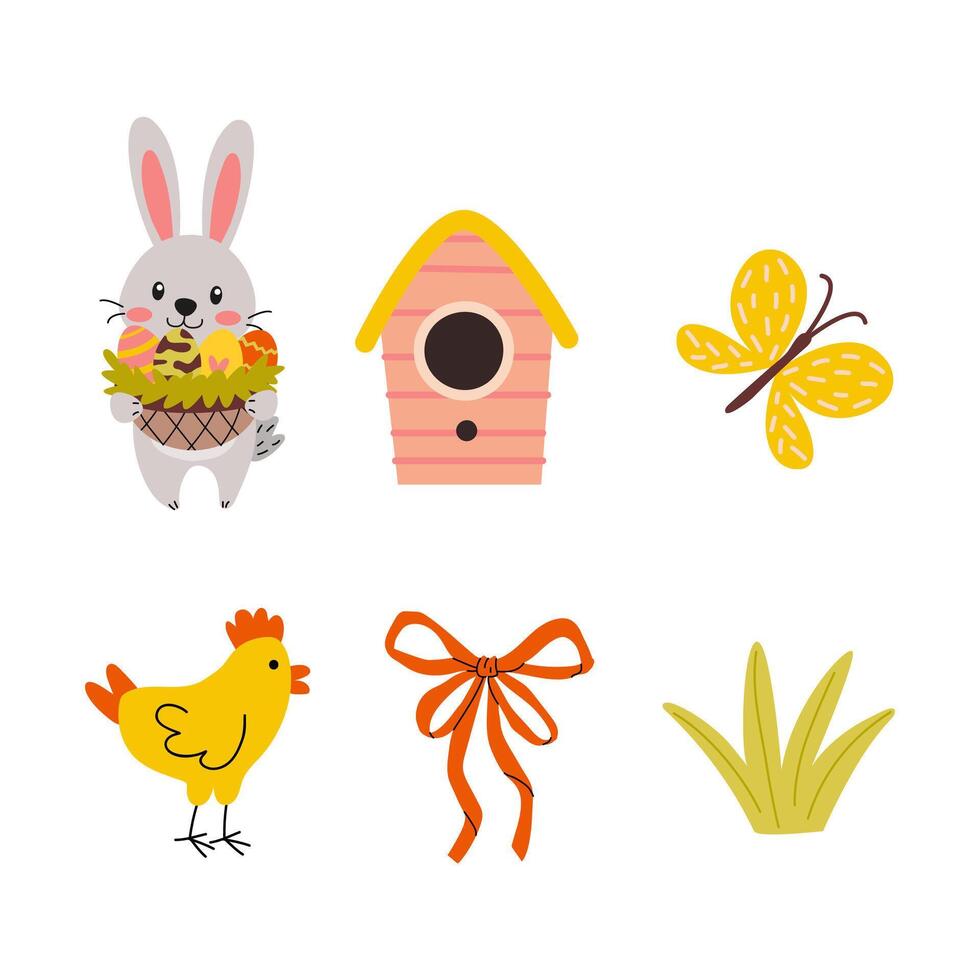 Colorful spring illustrations featuring a rabbit, birdhouse, butterfly, chicken, ribbon, and grass in a cheerful, playful design vector