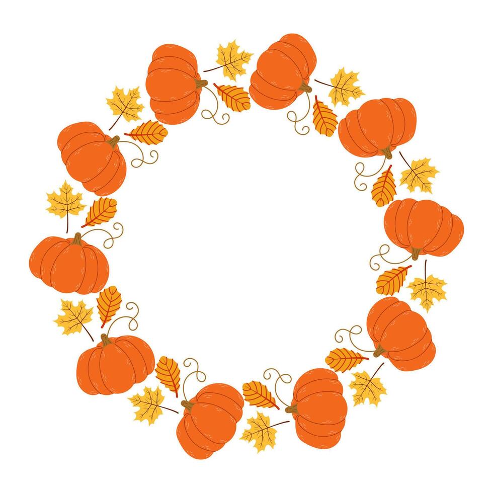 Round frame with autumn leaves and pumpkins. Pumpkin and leaf circular decoration for autumn celebrations and seasonal events vector